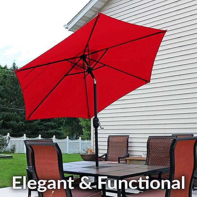 Sunnydaze Outdoor Patio Umbrella - Polyester Table Market Umbrella with Push-Button Tilt and Crank - 6 Sturdy Ribs - Red - 7.5ft