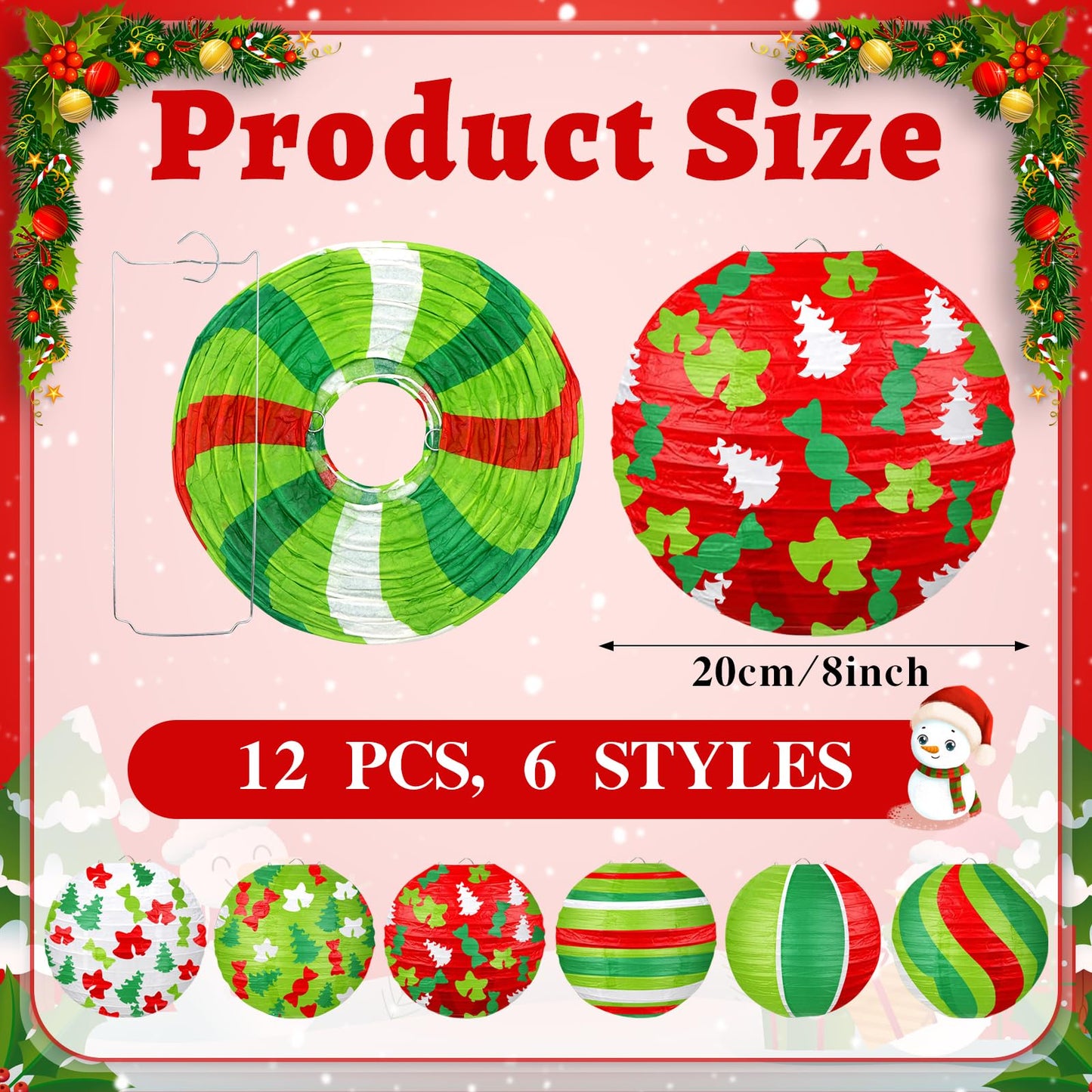 ADLKGG 12PCS Christmas Paper Lanterns Decorations - Hanging Xmas Lanterns with Trees, Bells, Stripes Patterns for Christmas in July & Winter Holiday Party Supplies, Home Patio Classroom Decor