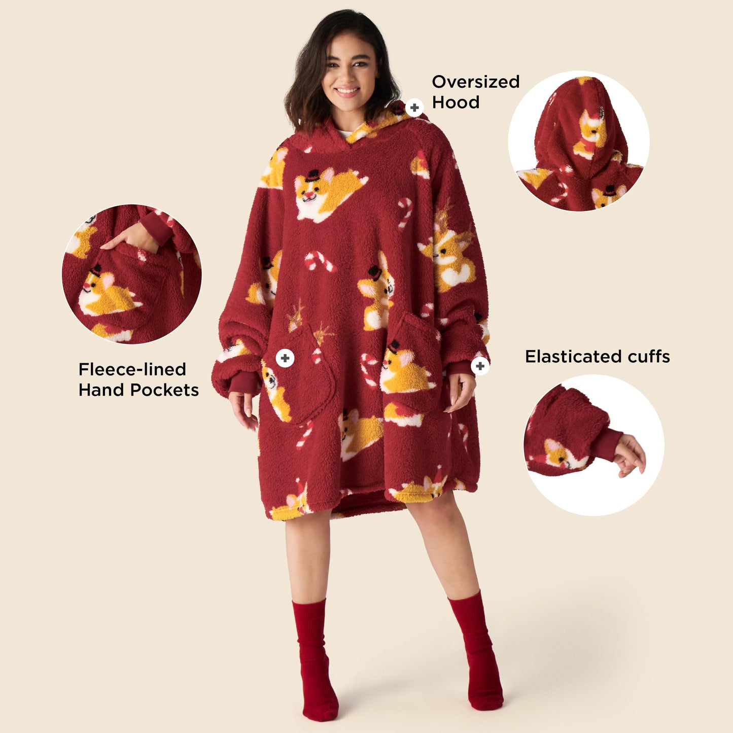 Bedsure Corgi Blanket Hoodie, Christmas Gifts for Girlfriend, Wife, Women - Shaggy Sherpa Cozy Wearable Blanket Gift for Adult Men Birthday, Warm Hooded Sweatshirt, Red