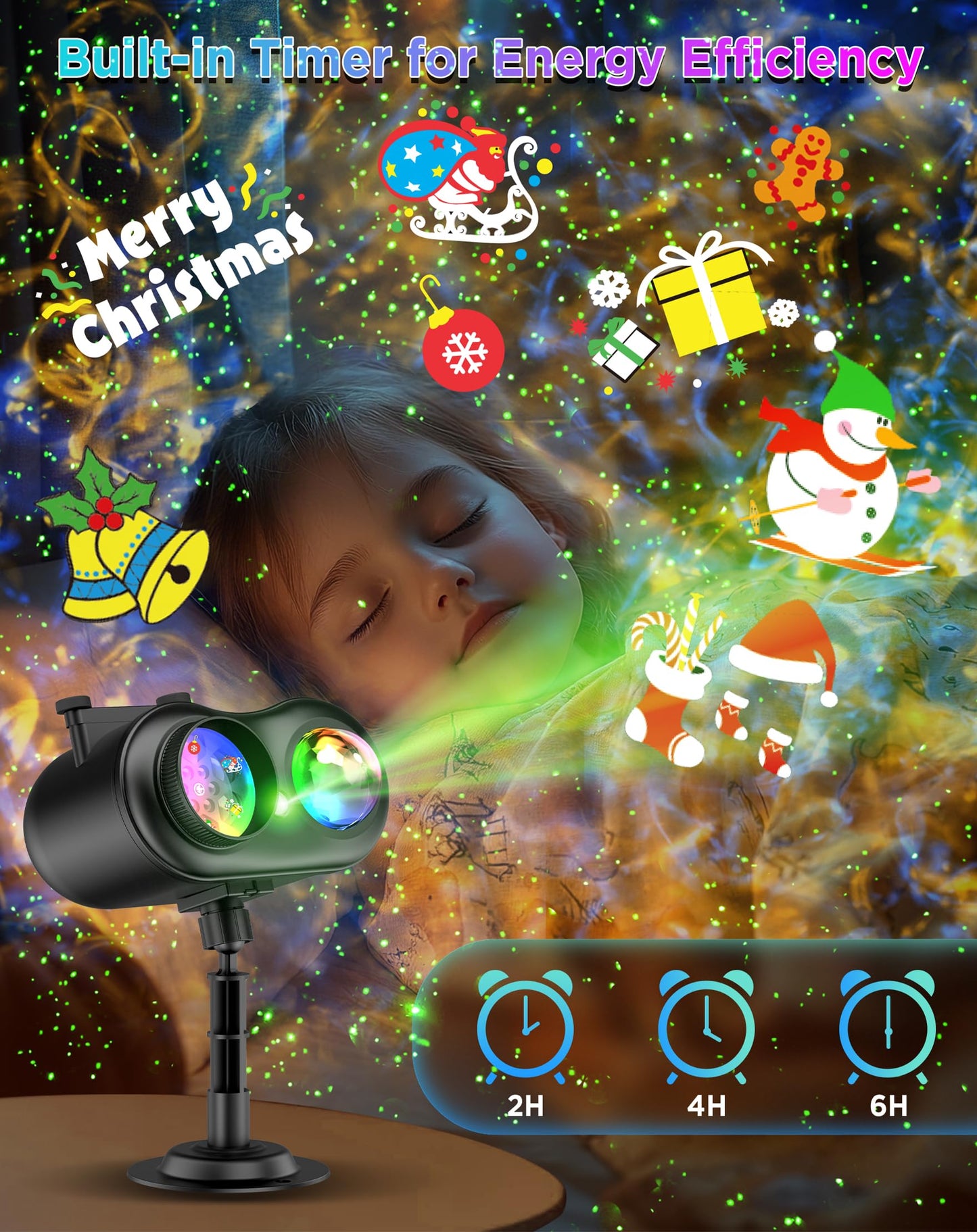 Christmas Projector Lights Outdoor Waterproof, 10 Slides x 8 Bright HD Patterns, Firefly & Ocean Wave Effects, Timer Snowflake Light Projector for House Yard Xmas New Year Valentine’s Thanksgiving