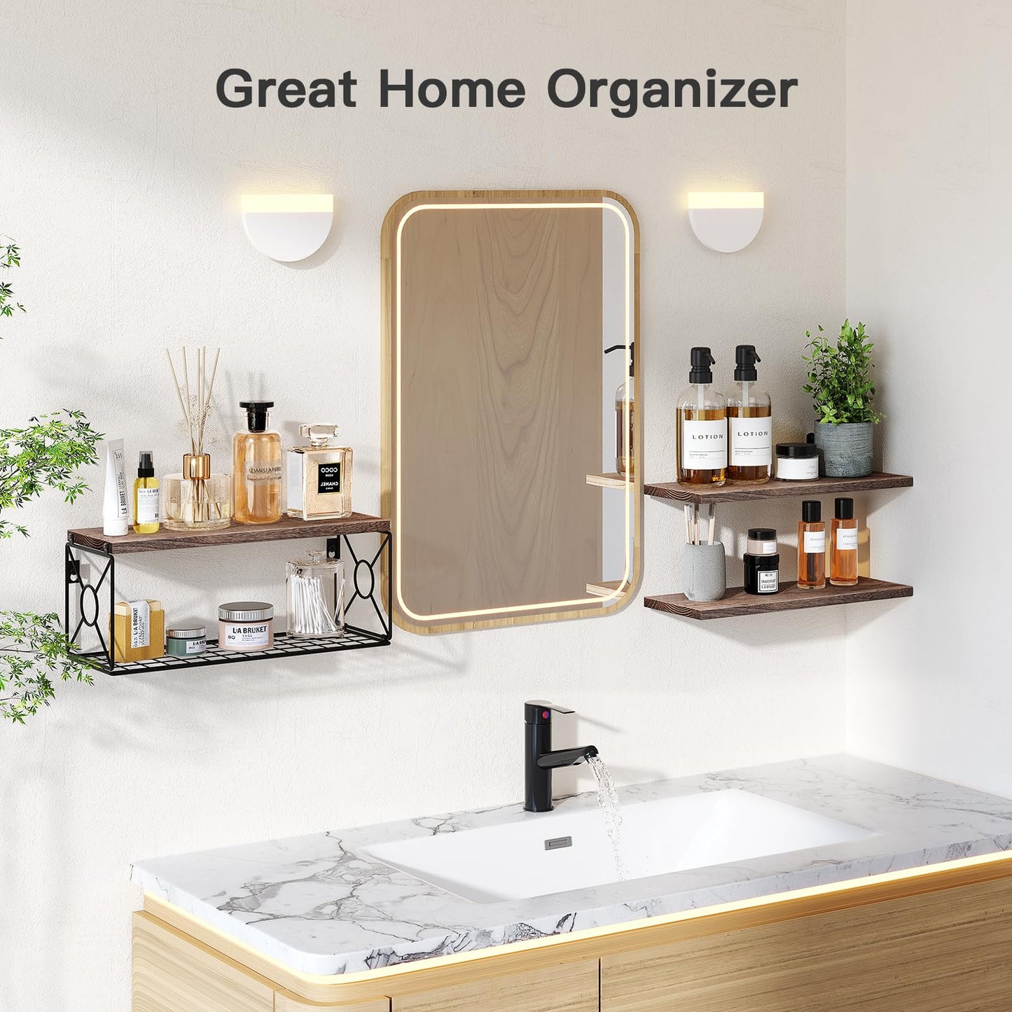 Amada Bathroom Shelves Over Toilet with Storage Basket, Floating Wall Shelves for Home Organization & Wall Decor, Bathroom/Kitchen/Living Room ShelvesBlack