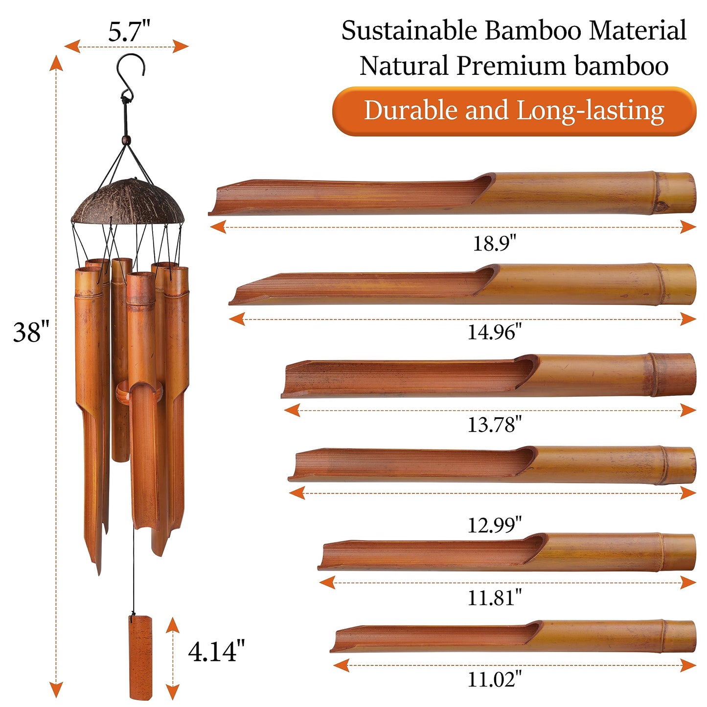 Nowpis Bamboo Wind Chimes 38" 6 Pipes, Handcrafted Wooden Wind Chime Bring a Unique and Soothing Melody, Create a Zen Atmosphere for Outdoor Indoor Decor, for Sympathy, Memorial