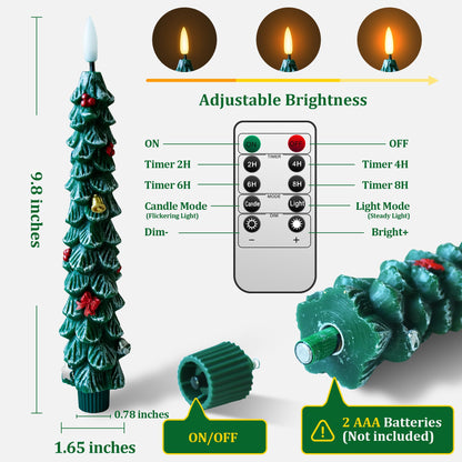ZIVASA 3 Pack Flameless Christmas Tree Candles, 9.8 Inchs Christmas Taper Candles with Remote and 24H Cycle Timer, Real Wax Christmas Tree LED Candle 3D Flame for Tabletop, Windows, Fireplace Decor