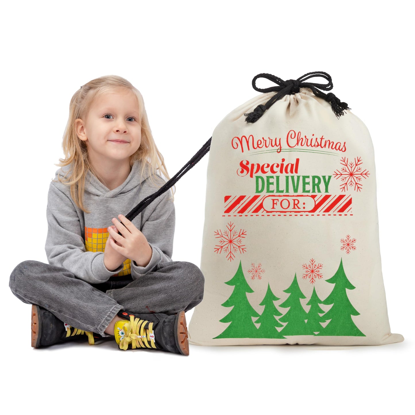 JOYIN 3 PCS Christmas Drawstring Santa Burlap Sack 26" x 19", Large Canvas Gift Bag Reusable Personalized Cloth Pouch for Xmas Presents Package, Party Supplies, Hoilday Decoration