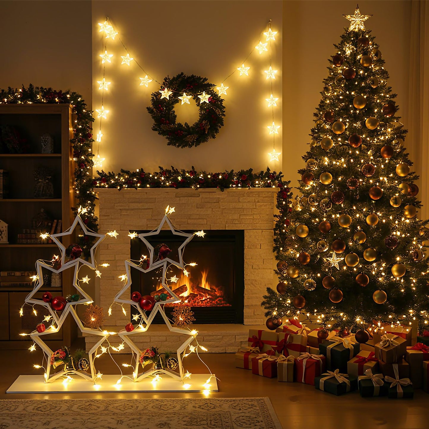 Geelin 6 Pcs Christmas Wooden Star Tabletop Centerpiece Sign with Light Strips Tape DIY Xmas Ornament for Farmhouse Fireplace Mantle Table Crafts Bookshelf Tiered Tray Decor (White)