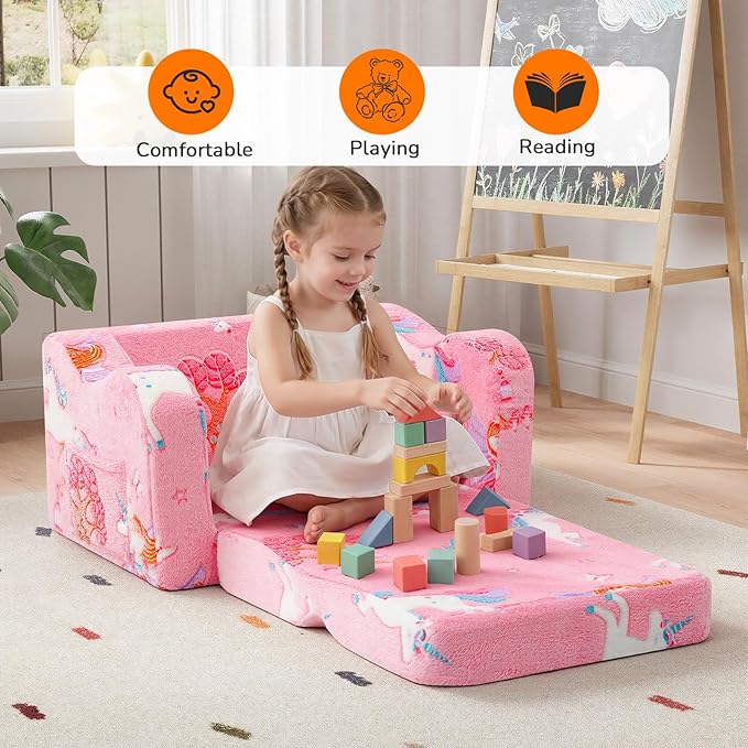 MeMoreCool Glowing Pink Fairy Kids Chair, 2-in-1 Fold-Out Kids Couch and Sofa