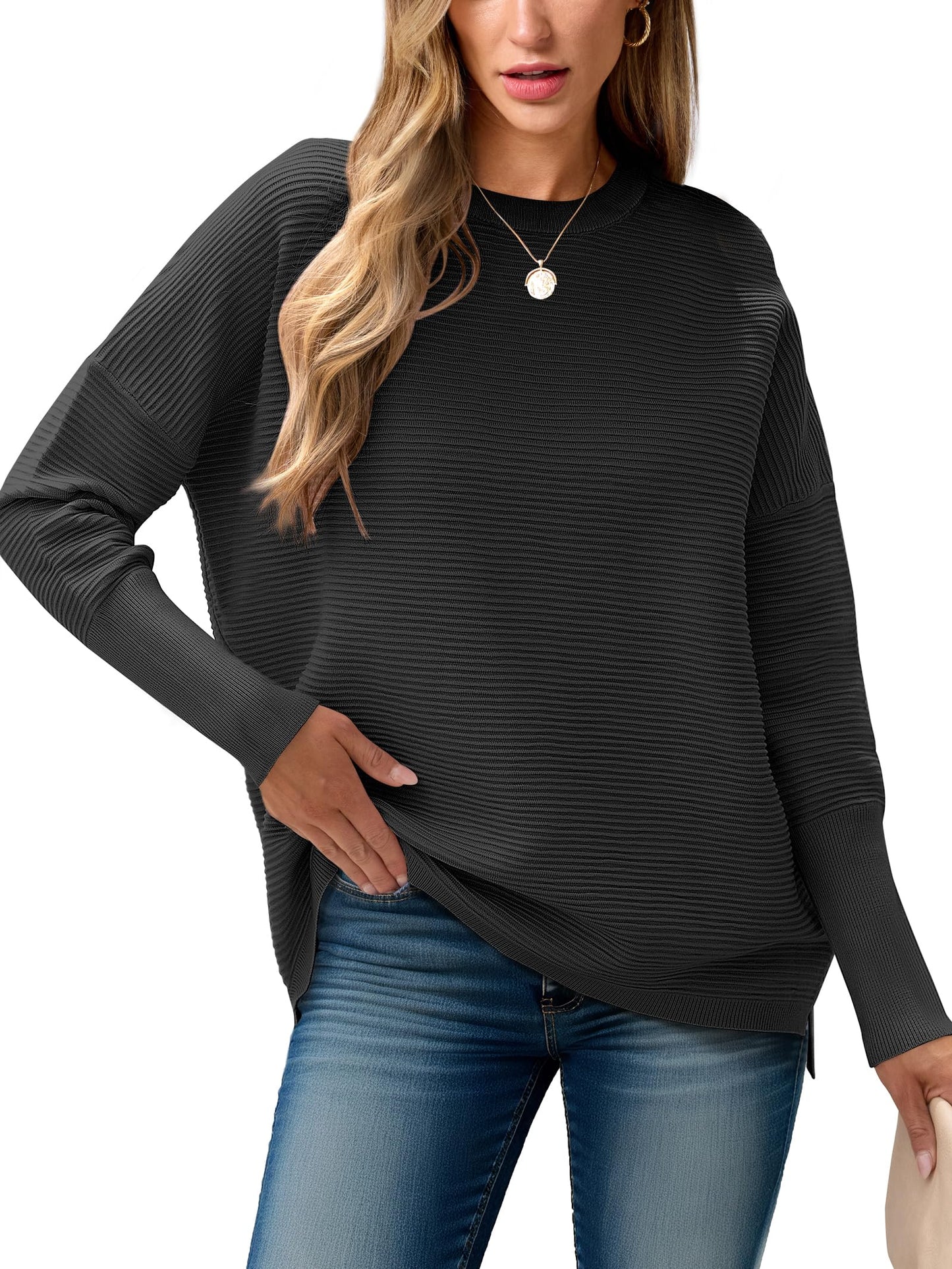 ANRABESS Womens Oversized Batwing Long Sleeve Ribbed Knit Sweaters 2025 Fall Outfits