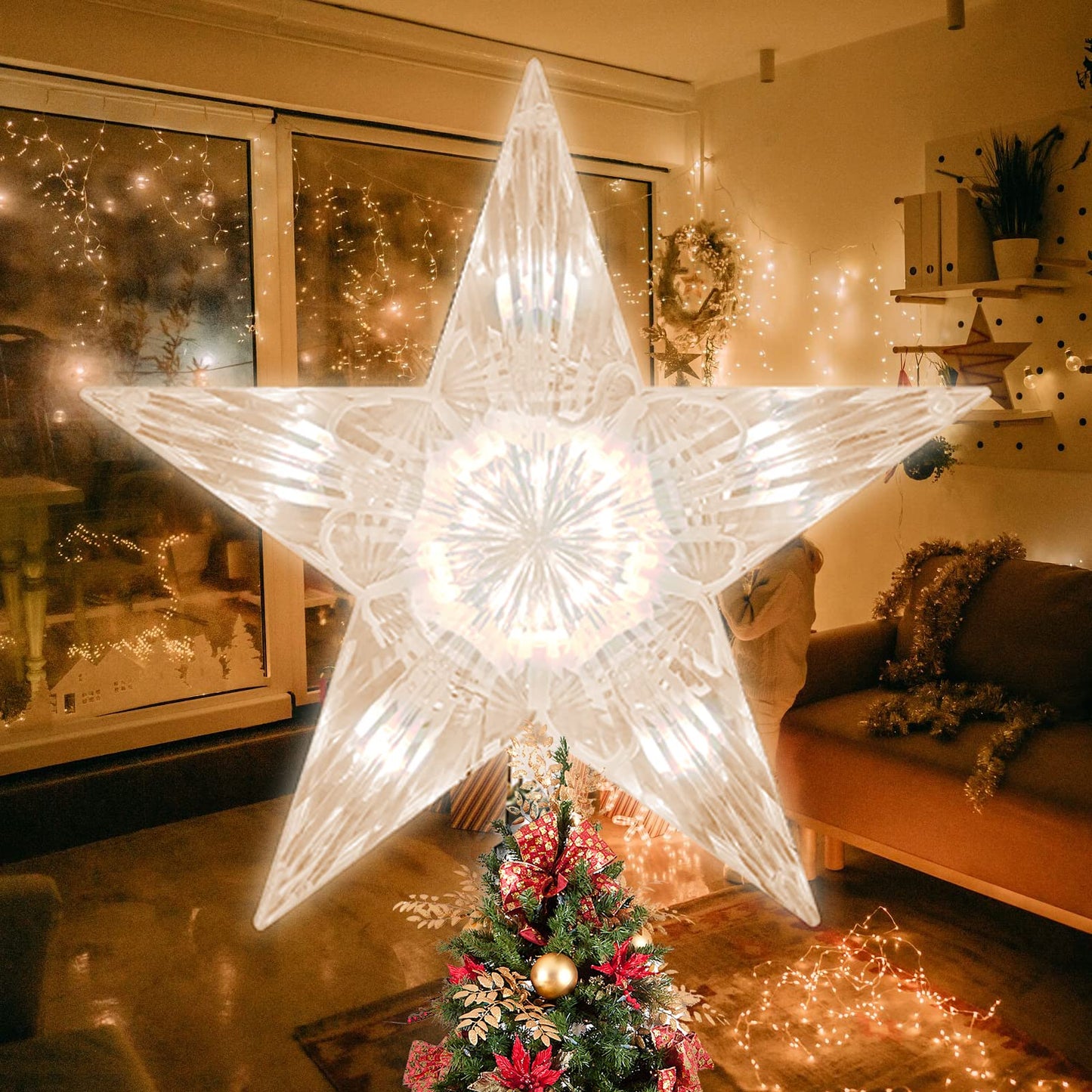 TWINGLEHOME 10 Lights 9 Inch Christmas Star Tree Topper, Christmas Tree Star Topper with Lights for Home Xmas Tree Decoration (Warm White)