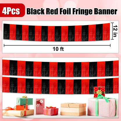 4 Pack 10 Ft Black Red Foil Fringe Garland Metallic Tinsel Streamers Banner Wall Hanging Curtain Backdrop for Parade Floats, Christmas Day, Thanksgiving Day, Halloween, New Year Party Decoration