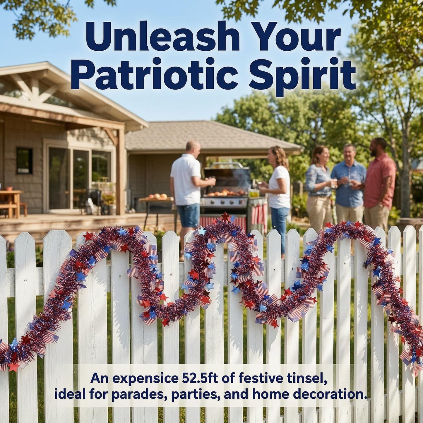 LKBBC 4th of July Tinsel Garland, 52.5 Ft Patriotic Red, White, and Blue Sparkly Glitter Star Flags Metallic Garlands Home Garden Tree Decorations for Independence &Memorial Day