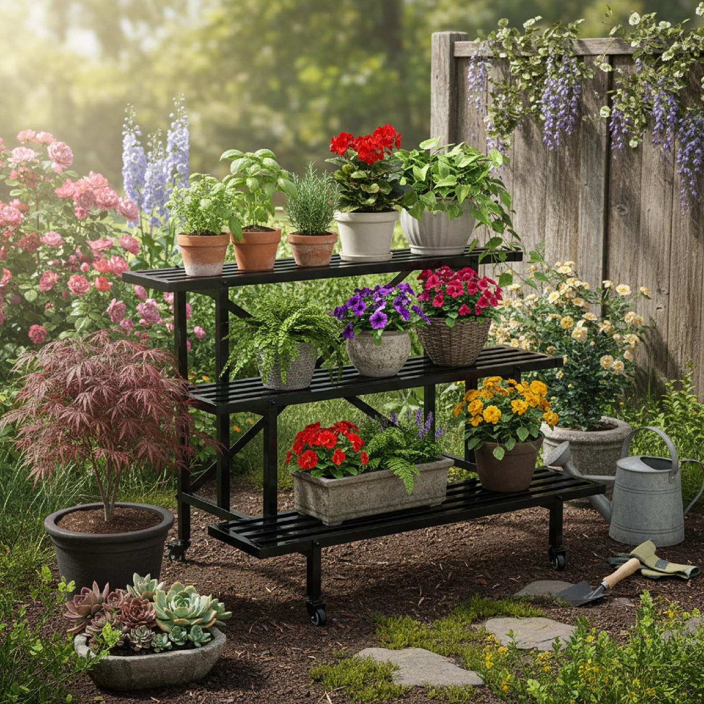 Yunphia US 3-Tier Metal Plant Stand, 45.56”L x 26”W x 23.6”H - Heavy-Duty Rolling Tiered Plant Display Rack for Indoor, Outdoor & Patio Use