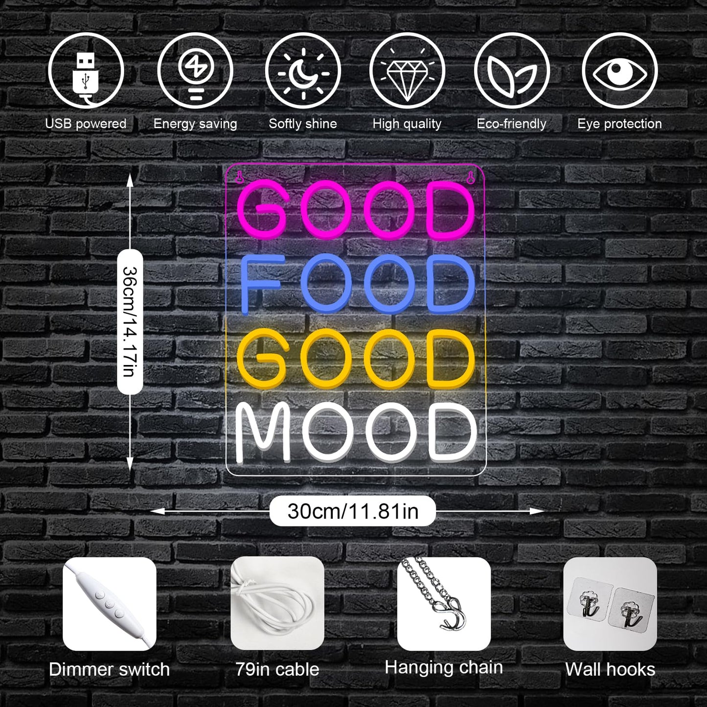 Horseneon Good Food Good Mood Neon LED Sign, Food Neon Signs for Wall Decor, Good Food Good Mood Neon Light with USB Powered for Snack Shop, Restaurant, Fast Food