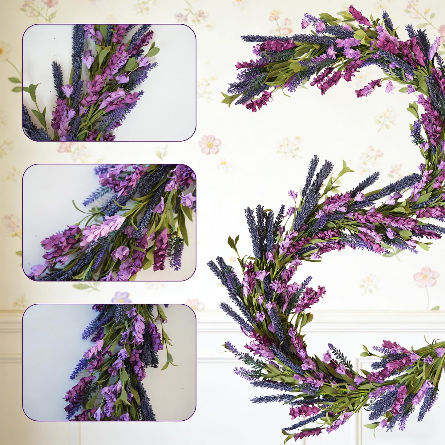 Egolot Purple Lavender Flower Garland for Mantle & Fireplace, 70Inch Spring Summer Garland for Front Door Wedding Decor, Rustic Farmhouse Indoor Outdoor Swag