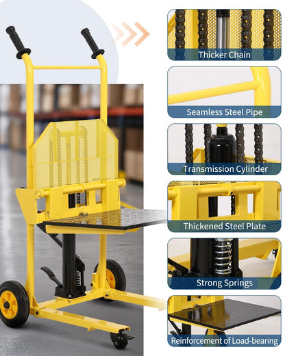 Hydraulic Material Lift, Heavy Duty 440lbs Capacity Pallet Truck Dolly, Lift Table,Fork Lift, 36" Max Lift Winch Stacker,Multifunctional Hydraulic Hand Truck with Steel Platform Board,Adjustable Forks