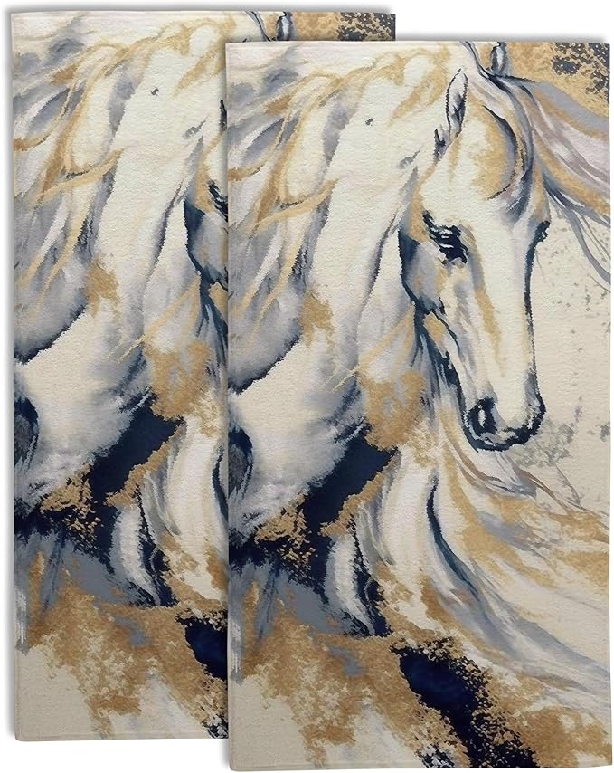 Golden Horse Oil Painting Kitchen Hand Towel Set of 2, Abstract Art Painting