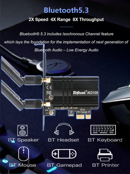 WiFi Card 5400Mbps 6E Wireless WiFi Bluetooth 5.3 PCIe Network Card, Intel WiFi 6E AX210 Chip, 6GHz/5GHz/2.4GHz PCI Express Bluetooth WiFi 6 Card for Desktop/PC Windows 11/10(64Bit)