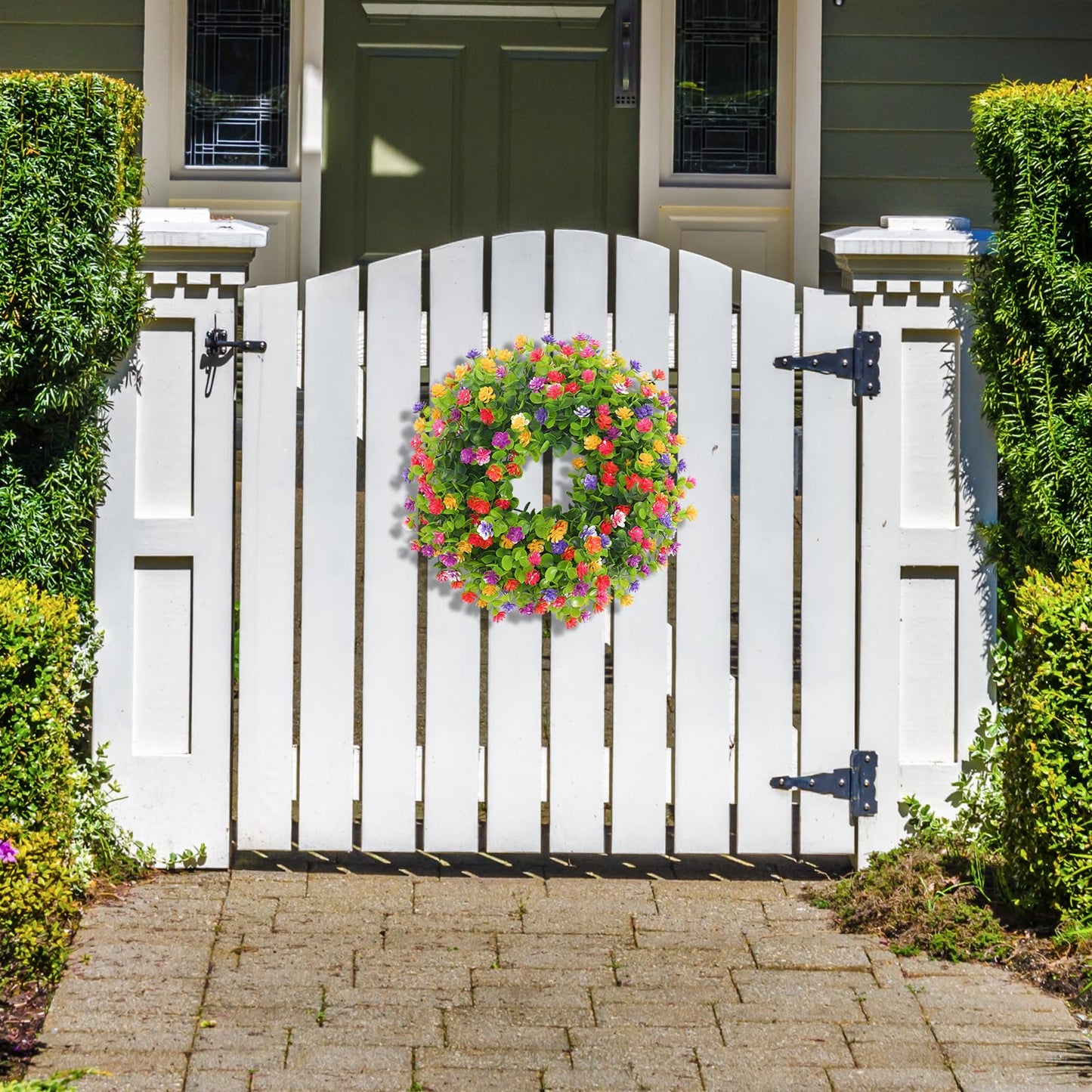 CEWOR 8in Spring Wreaths for Front Door Artificial Flower Wreath with Plastic Green Eucalyptus Leaves for Farmhouse Home Outdoor Decor