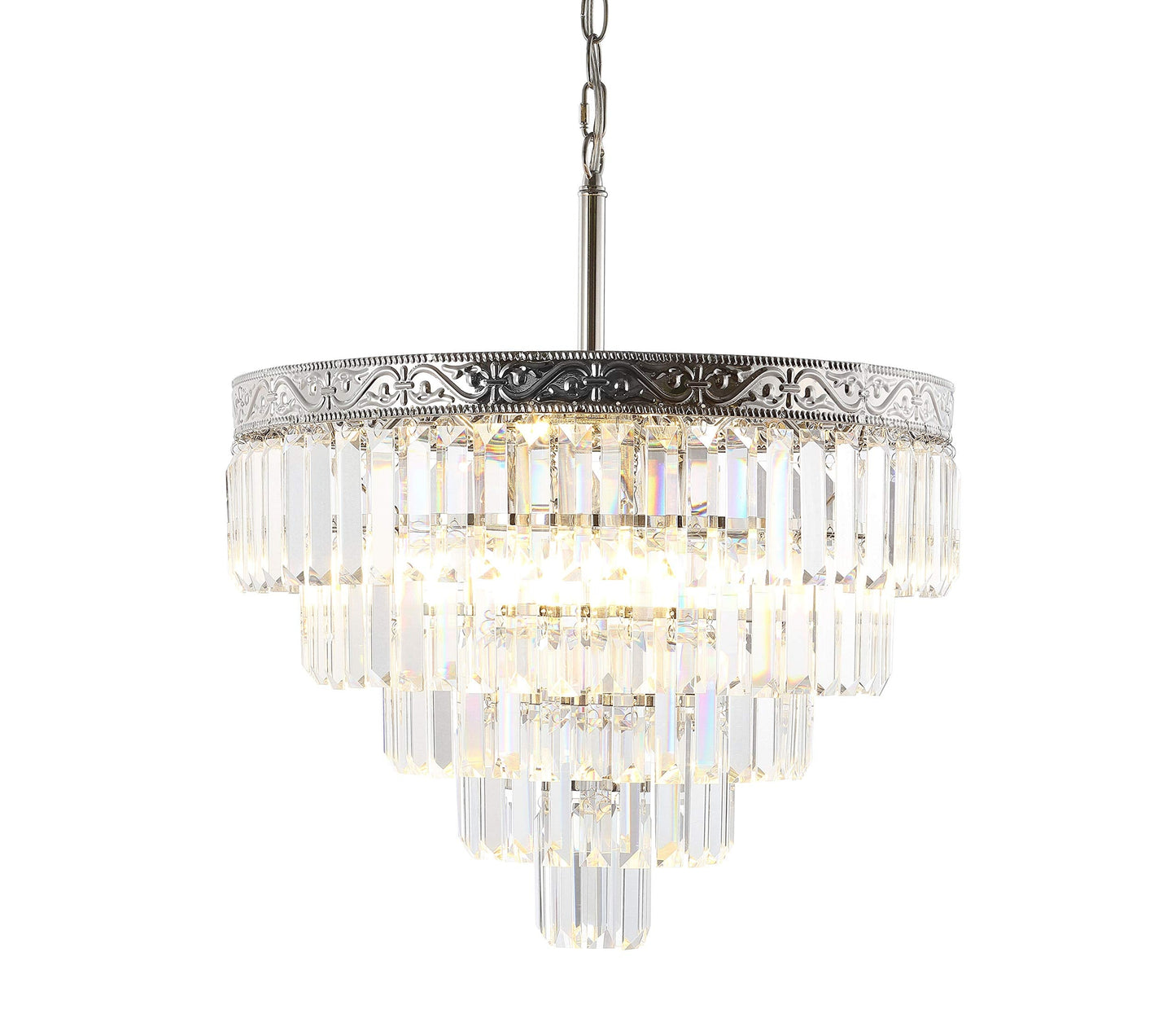 JONATHAN Y 20" Polished Nickel/Clear 4-Light LED Chandelier, Modern Tiered Pendant Light Fixture for Dining Room, Bedroom, Entryway with Clear Faceted Crystal Shade (JYL9007A)