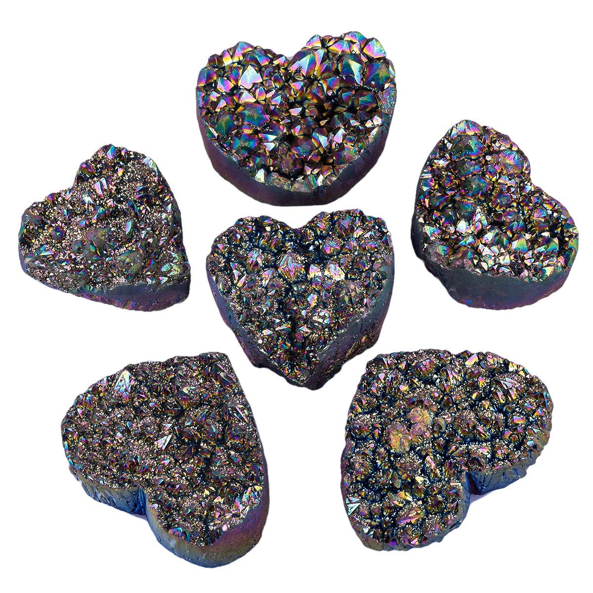 Rockcloud Natural Titanium Coated Crystal Quartz Cluster Druzy Geode Heart Shape Gemstone Figurine for Meditation Reiki Healing Home Decoration, Rainbow