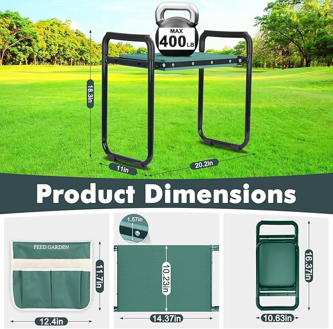 FEED GARDEN Garden Kneeler and Seat, Upgraded Foldable Gardening Stool with 10.23" Wide Kneeling Pad, Heavy Duty Gardening Bench Chair with 2 Tool Pouches, Gardening Gifts for Seniors Mom Women Men