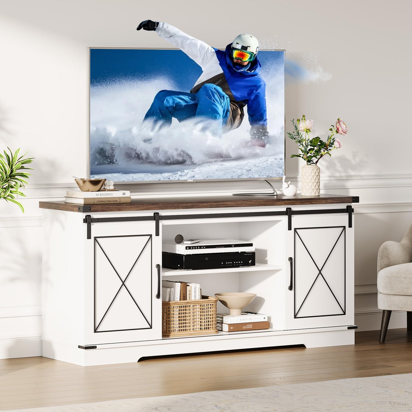 IDEALHOUSE Farmhouse TV Stand and Entertainment Center for Tv up to 65 inches with Sliding Barn Doors, Tv Media Console Table with Storage Cabinet for Living Room, White & Brown