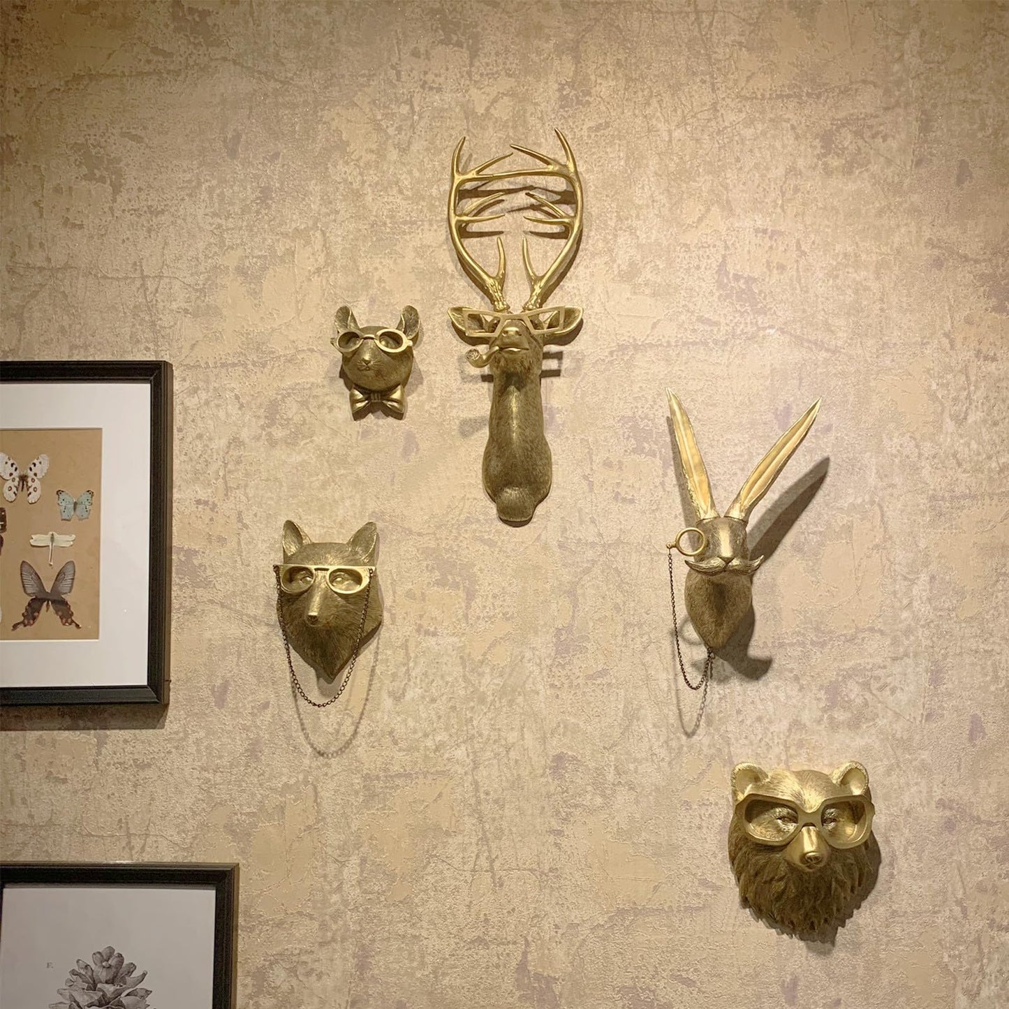 GUASDIE Animal Heads Wall Decor, Faux Deer Head Mount, Animal Sculptures Wall Decor, Resin Animal Head Wall Hanging Decoration for Living Room Bedroom Kitchen Gift,5pcs, 1587574779-65291236