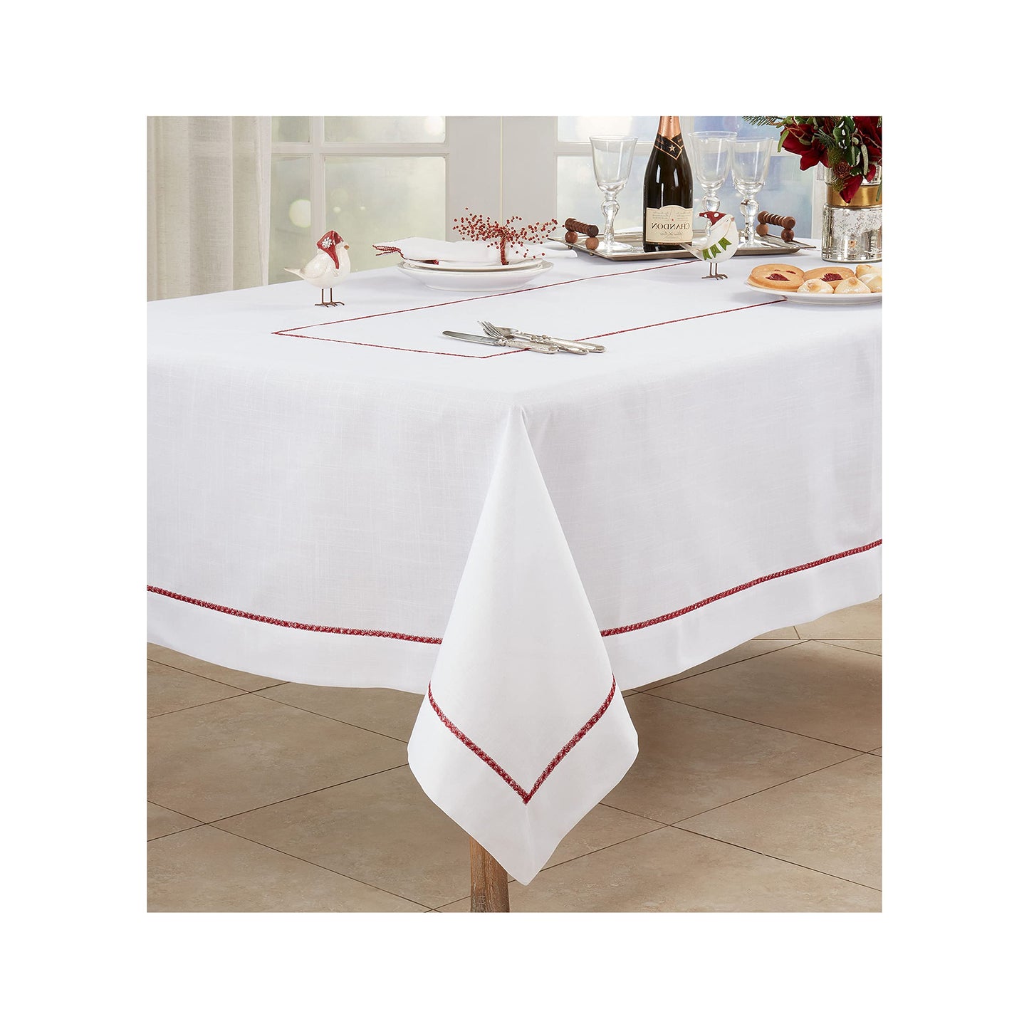 Occasion Gallery White100% Polyester Fancy Thanksgiving Christmas Holiday Embroidered Burgundy Trim Border Dining Room or Kitchen Tablecloth, 65" X 120" Rectangular (1 Piece)