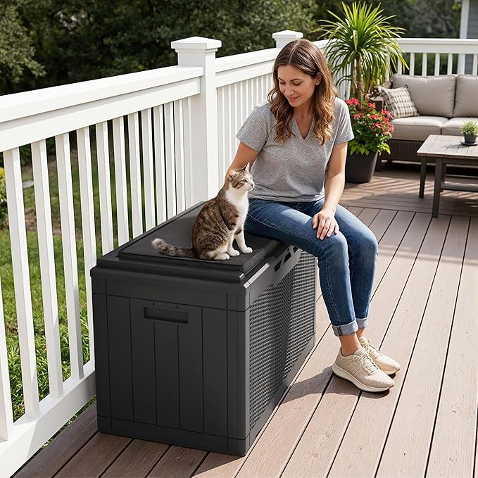 Greesum 100 Gallon Resin Deck Box Large Outdoor Storage Boxes with Cushions for Garden Tools, Patio Furniture Pillows, Pool Supplies, Black