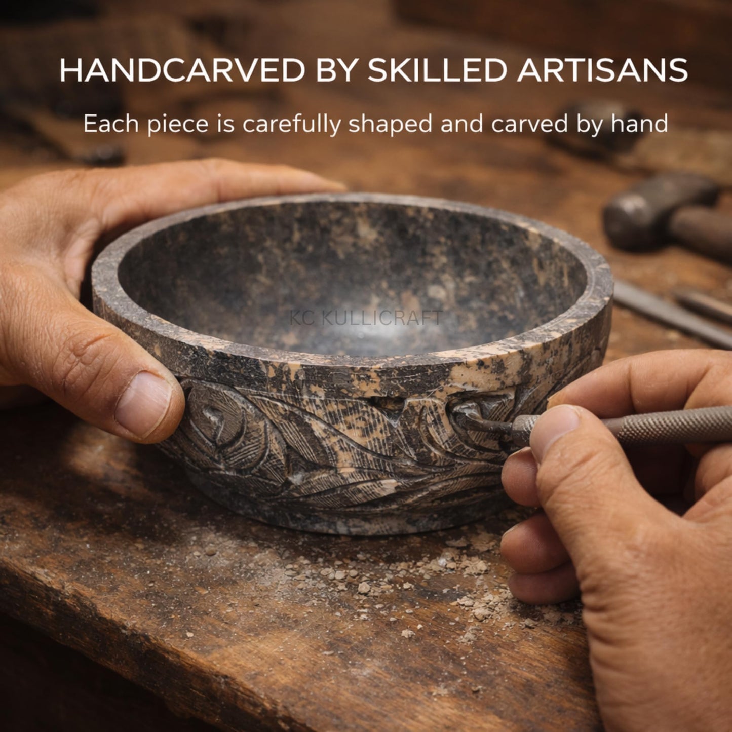 KC KULLICRAFT Marble Soapstone Natural Smudge Pot | Stone Bowl | Scrying And Smudge Bowl (Scrying - Bowls & Mirrors) (5 Inch) From India. Handmade Leaf Carved Design.