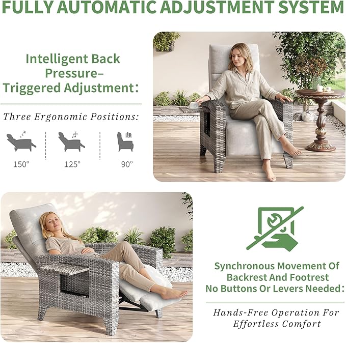 IDEALHOUSE Wicker Outdoor Recliner Reclining Patio Chairs with Adjustable Back & Footrest 150° Lay-Flat Reclining with Air Pump Rattan Flip-Up Side Table Outdoor Lounge Chairs for Pool Deck Balcony