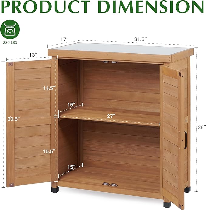 Outdoor Storage Cabinet & Potting Bench Table with Metal Top, Wooden Patio Furniture, Garden Workstation (Light Brwon, 36x31x17in)