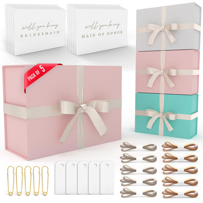 iPassion Gift Box Set - Bridesmaids Gifts for Wedding (5 Pack - Blush Pink), All Occasions, Bridesmaid Proposal, Magnetic Boxes With Lids, Big Set For Bridal, 13.5 x 9 x 4.5 inches, Pink GiftBox