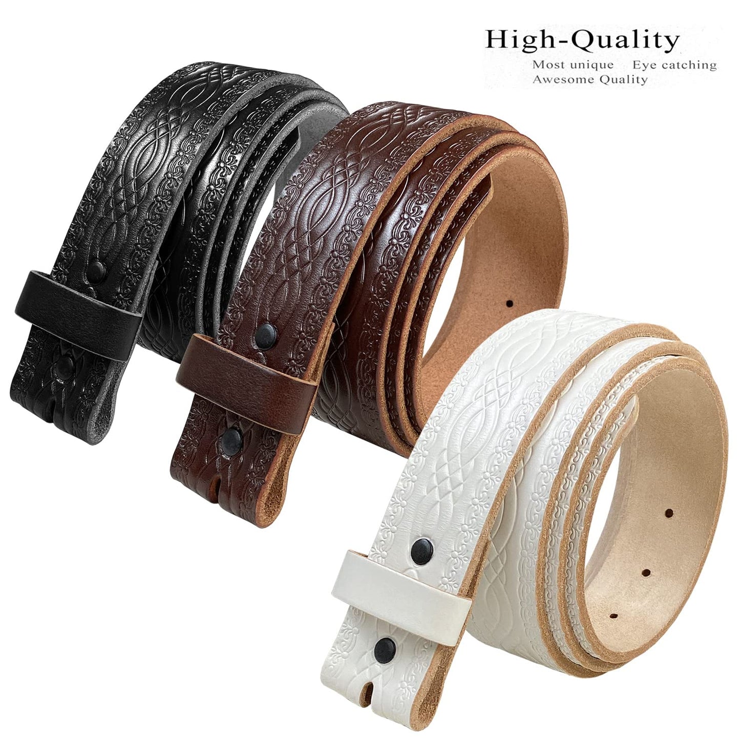 BS085 Genuine Full Grain Engraved Embossed Leather Belt Strap with Snaps on 1-1/2"(38mm) Wide (White, 42)