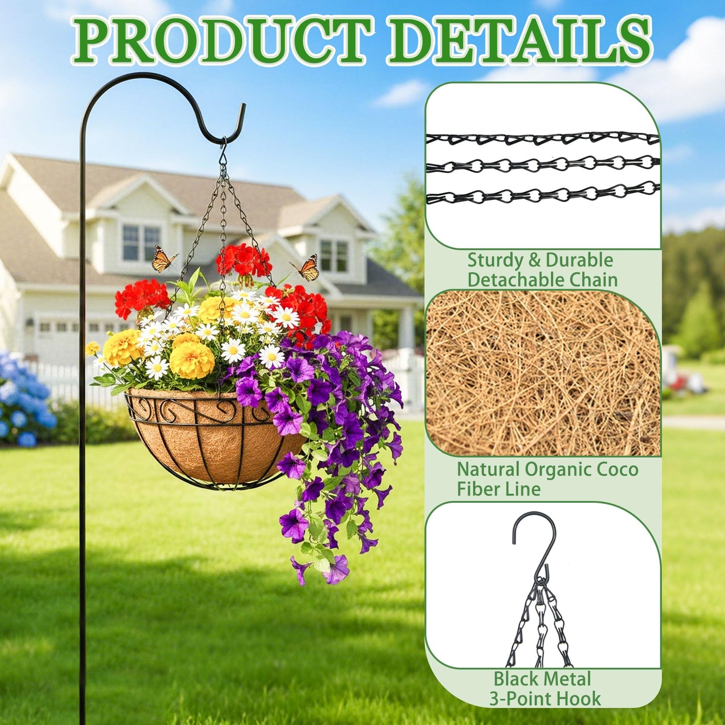 Hanging Planters for Outdoor Plants 4 Pack 14 inch Metal Hanging Flower Basket with Coco Coir Liner Wire Plant Holder Watering Flower Baskets Pot Hanger Garden Decoration for Indoor Outdoor(HBL)