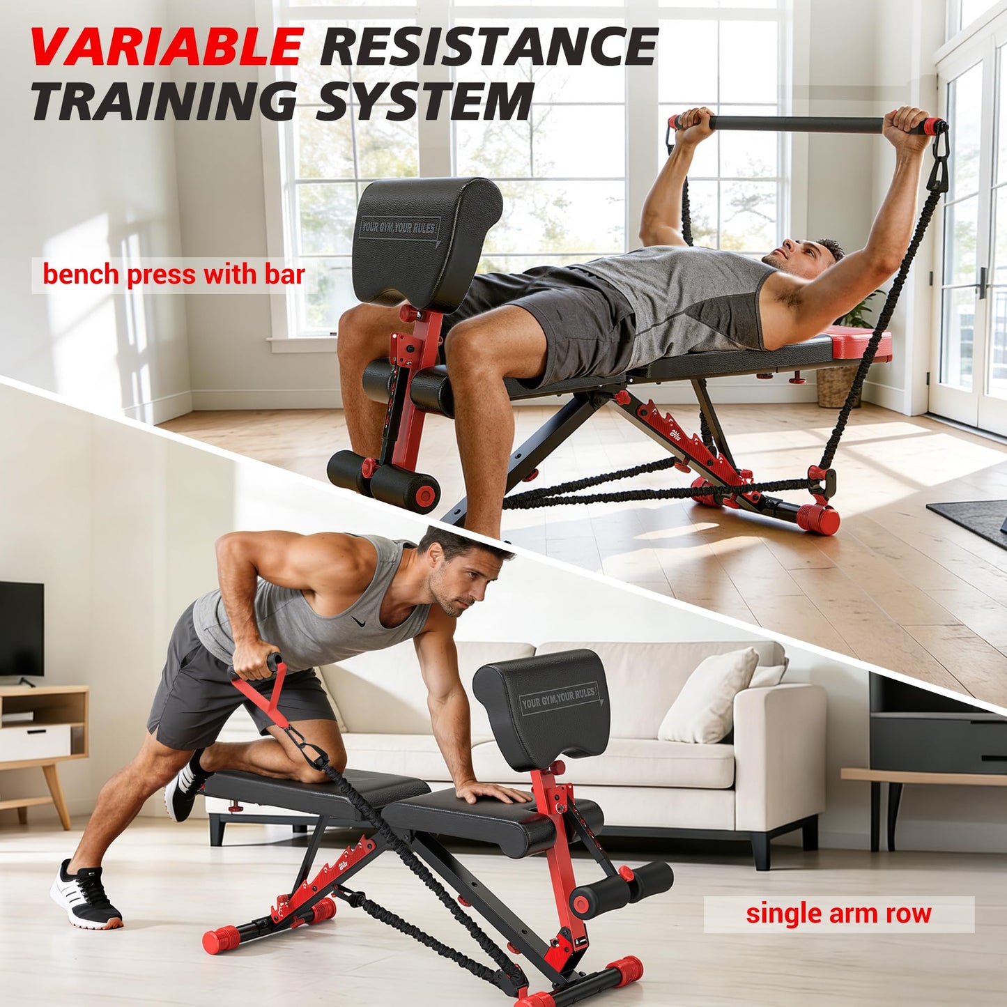 XDDIAS Workout Bench, Foldable Weight Bench with Variable Resistance Training Set, 880LBS Adjustable Bench with Leg Extension, Preacher Curl, Extended Headrest, Incline Decline Flat Bench for Strength Training