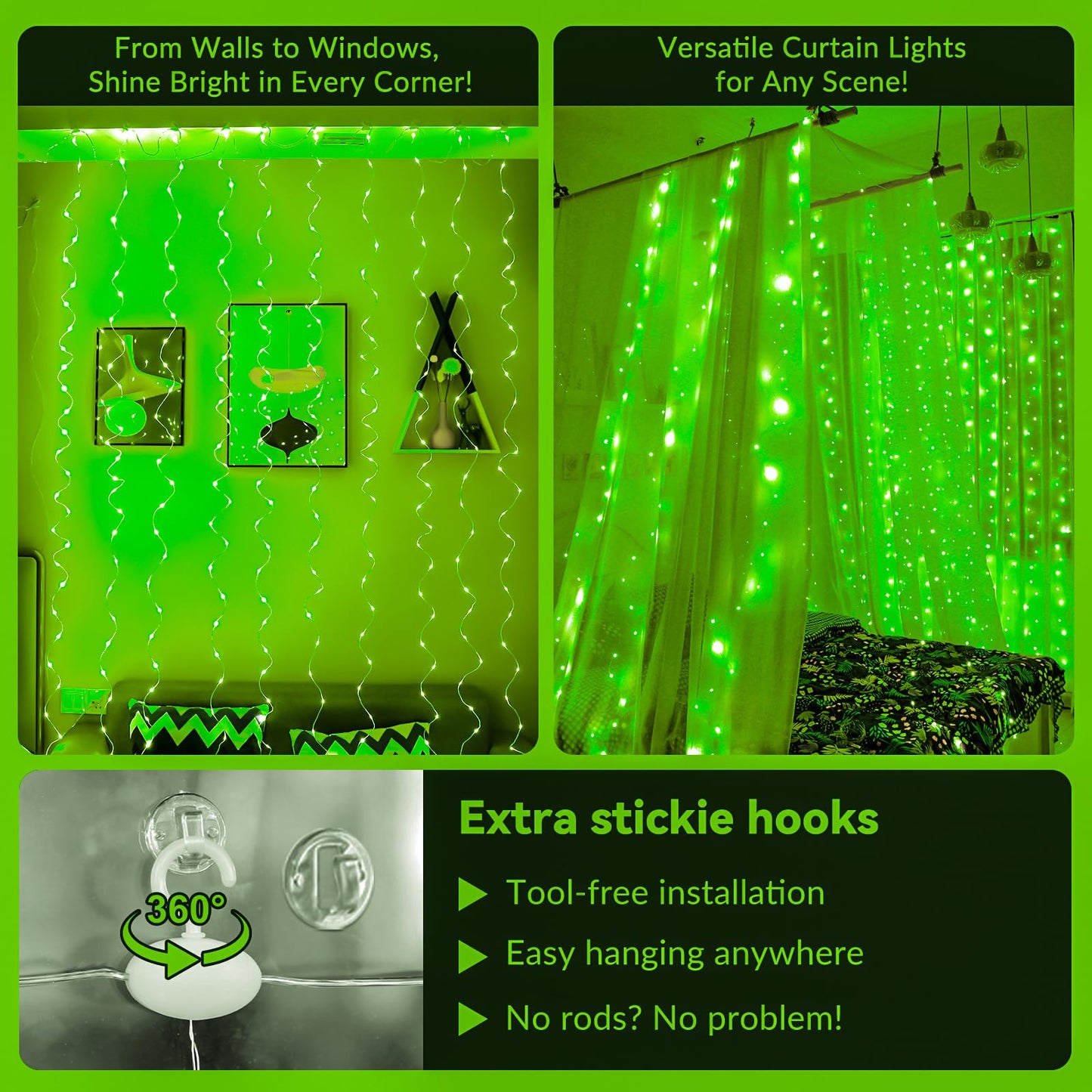 HXWEIYE 300LED Fairy Curtain Lights, 9.8x9.8Ft USB Plug-in 8 Modes Christmas String Hanging Lights with Remote for Bedroom Backdrop Wedding Indoor Wall Decor, Green, Standard – 1 Pack