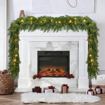 Lvydec Lighted Christmas Pine Garland Decoration, 6ft Realistic Cedar Cypress Garlands Christmas Greenery Garland with Lights for Holiday Mantel Fireplace Table Centerpiece (6ft)