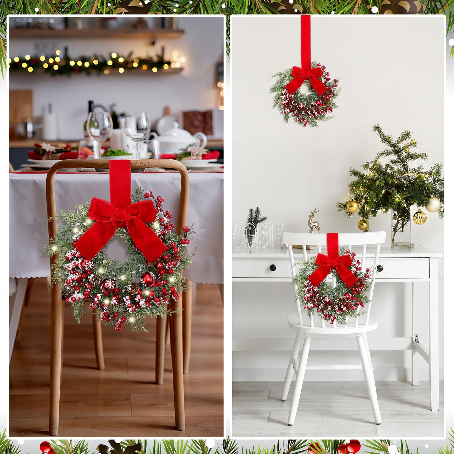 Hoteam 4 Pcs 9 Mini Decor Wreaths Small Cabinet Wreath with Rustic Bow Outdoor Decorations for Porch Window Farmhouse Decor(Bells and Red Berries)
