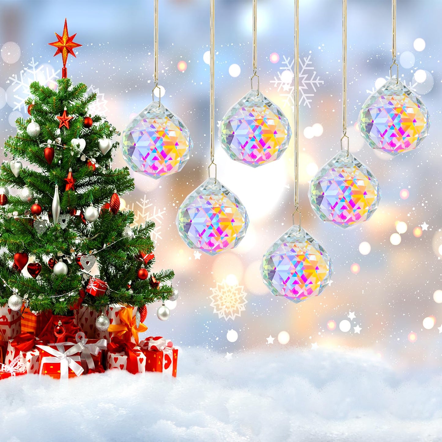 Set 6 Crystal Sun Catcher, AB Coating Ball Suncatcher Window Hanging Christmas Ornaments Rainbow Maker Prisms for Home Garden Decor