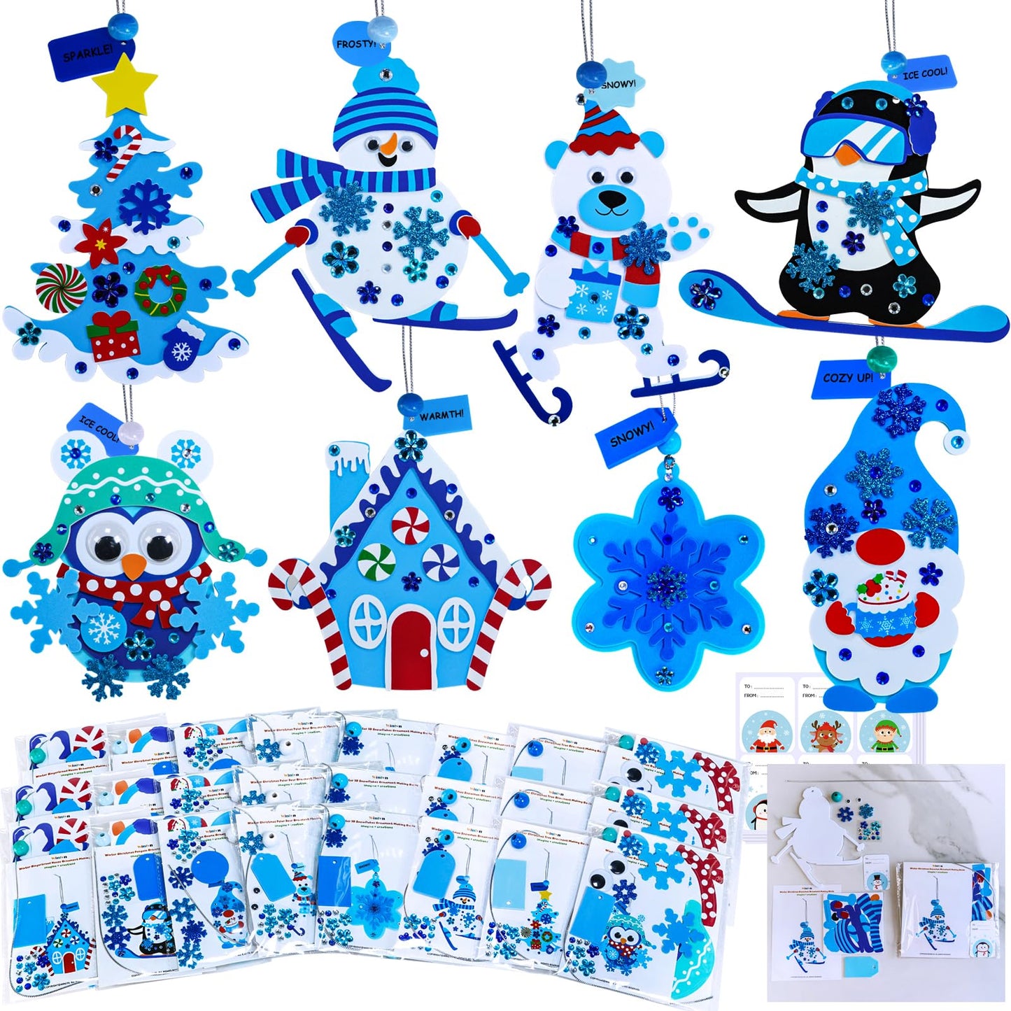 Winlyn 24 Sets Winter Decorations DIY Holiday Tree Ornaments Christmas Craft Kits Christmas Tree Snowflake Gingerbread House Snowman Penguin Polar Bear Gnome Owl Foam Stickers for Kids Party Favors