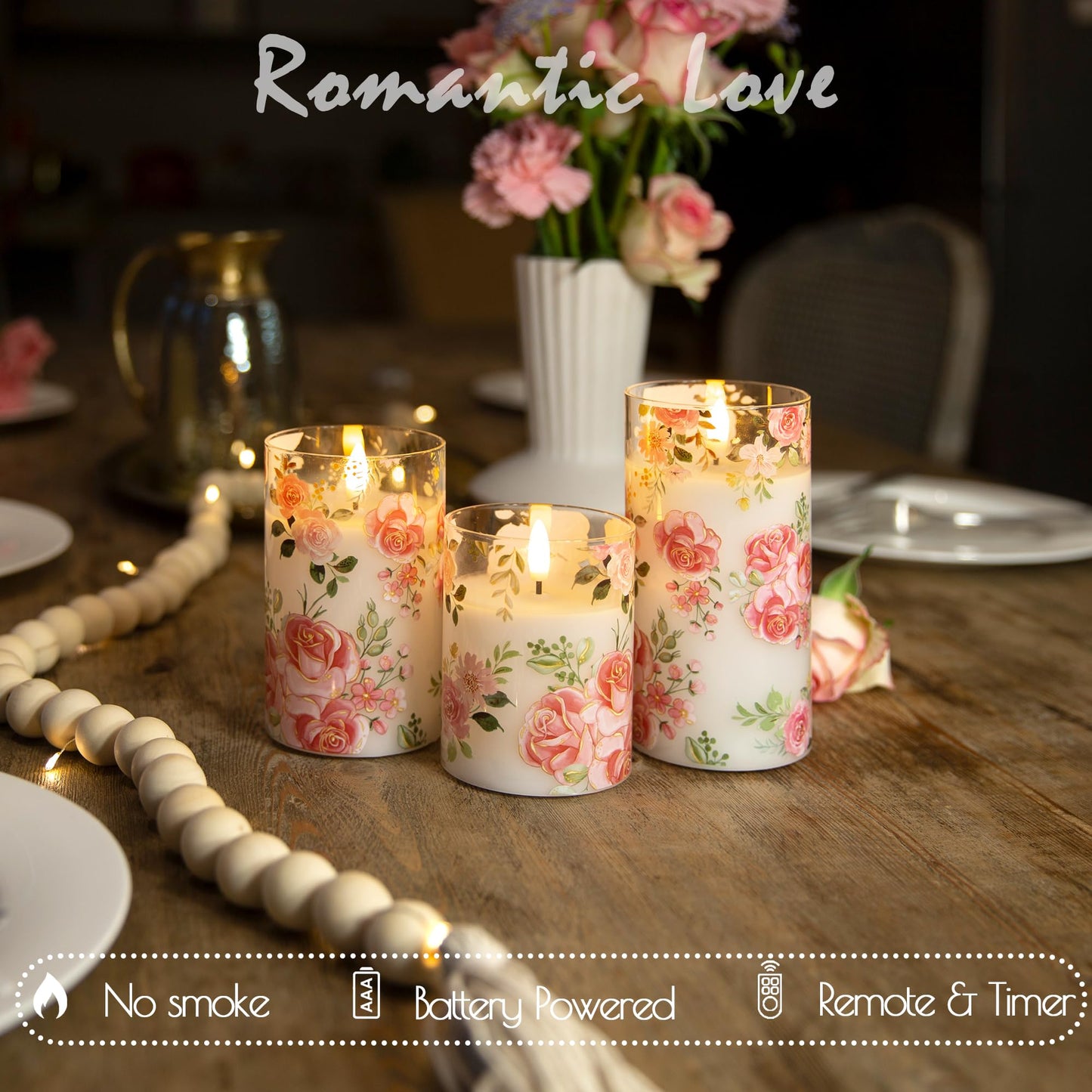 LUSHARBOR Flameless Candles with Remote, Battery Operated Glass Candles Pink Rose Flickering LED Candles Real Wax Floral Christmas Decor Electric Pillar Candles Set of 3