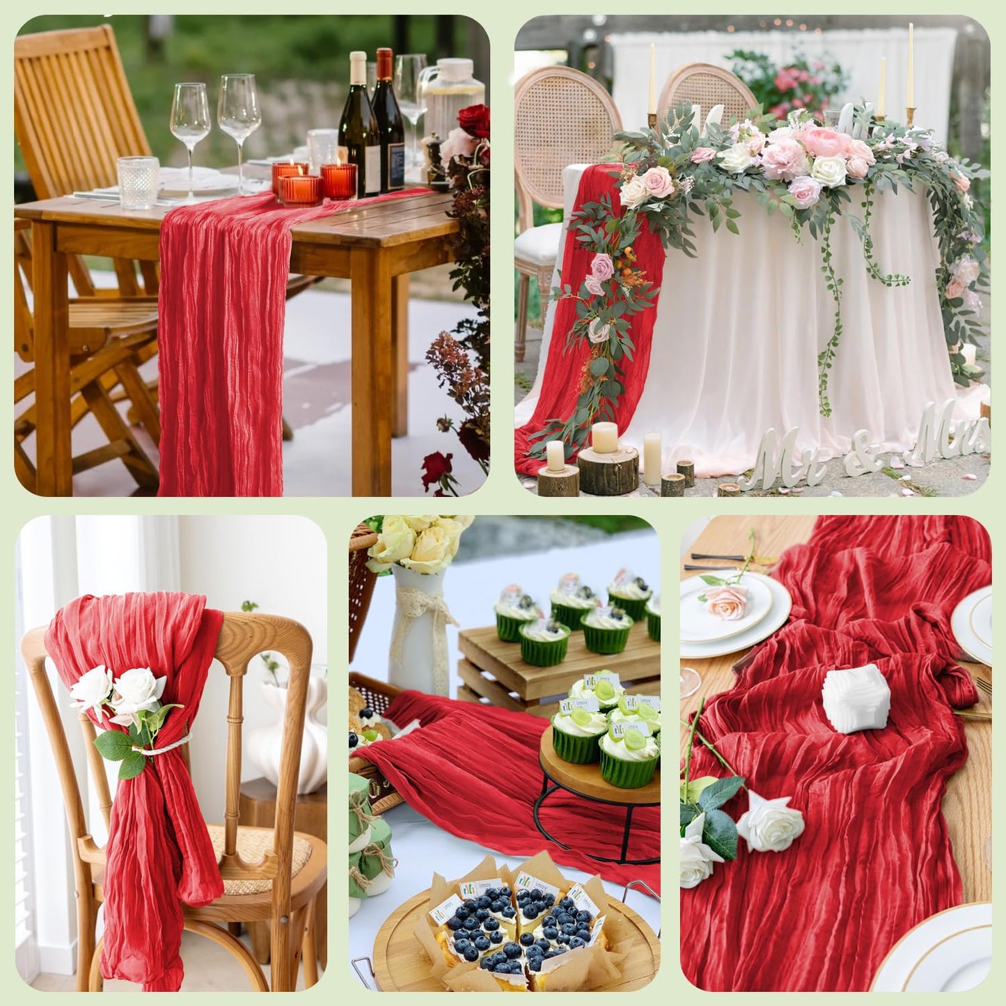 Wokceer Cheesecloth Table Runner Christmas 10FT Red Boho Gauze Fall Cheese Cloth Table Runner for Party Long Rustic Sheer Table Runners for Baby Bridal Shower Wedding Easter Table