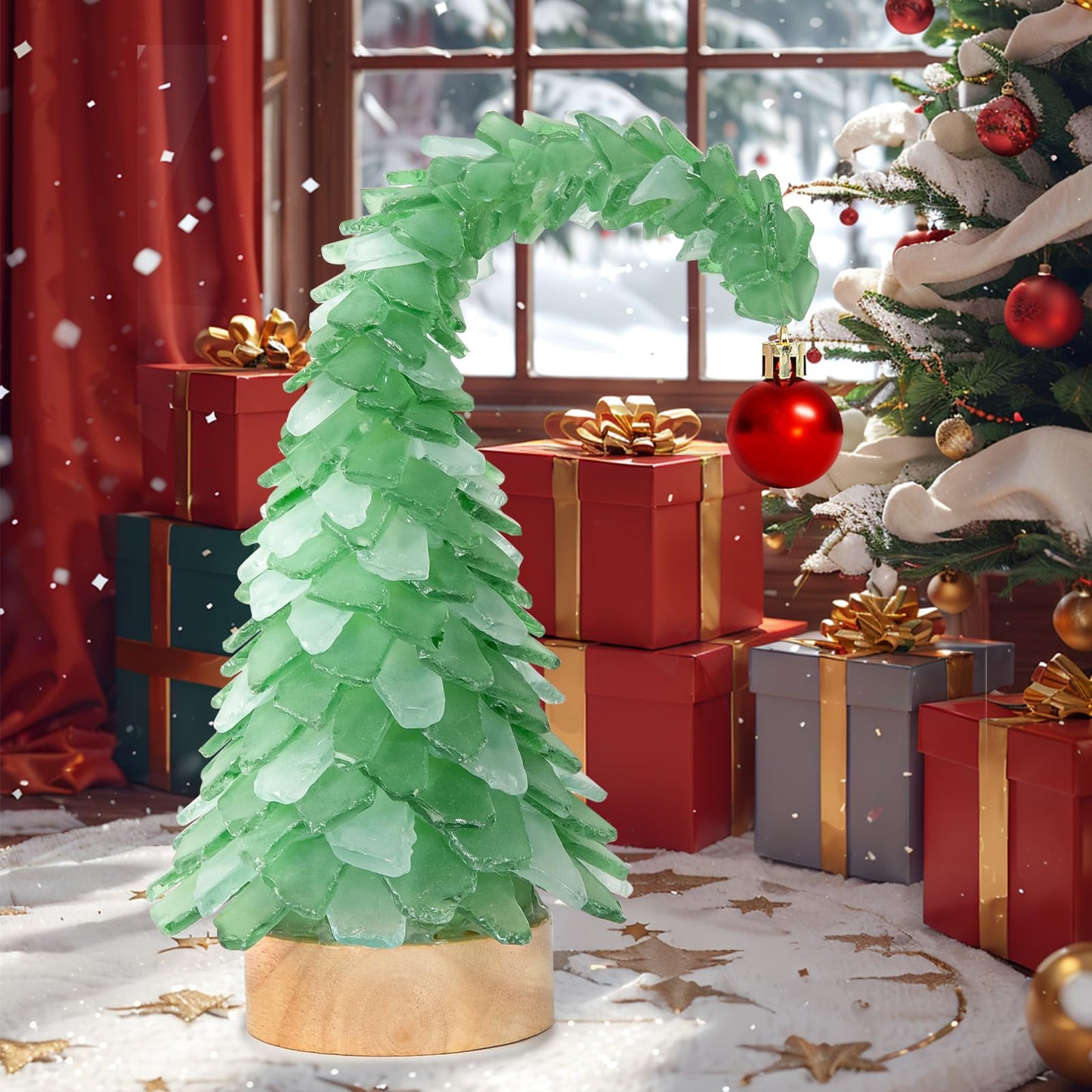 Crooked Sea Glass Christmas Tree with LED Lights - Handcrafted Whimsical Mini Green Christmas Tree, Ideal for Christmas, New Year, Coastal Holiday Decor & Gifts, Versatile Home Decor