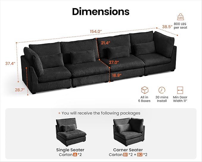 154" Oversized Corduroy Couch Modular Sectional Sofa, Washable Cloud Couch