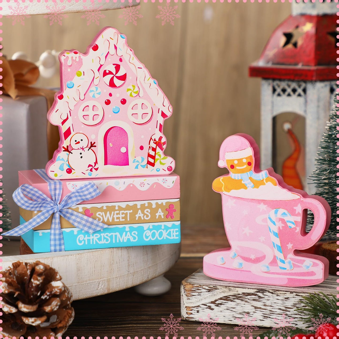 Yalikop 5 Pcs Pink Christmas Table Decor Pastel Gingerbread Man House Sign Gingerbread Tiered Tray Decor Christmas Wood Tabletop Centerpieces for Winter Xmas Home Office Mantel Shelf Fireplace