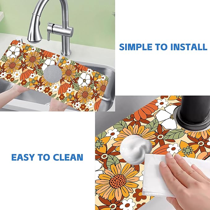 70s Retro Orange Floral Kitchen Sink Splash Guard Mat Absorbent Fast Drying Mat