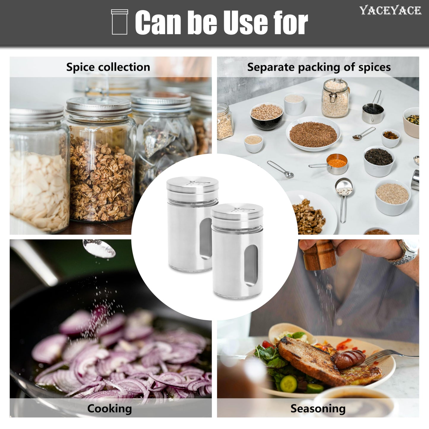 YACEYACE Stainless Spice and Salt Shakers, 6Pcs 3oz Part Clea Salt and Pepper Shakers with Holes and Adjustable Lids, Spice Jars with Label