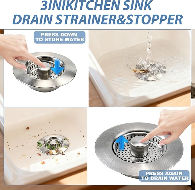 Sink Drain Strainer, Stainless Steel 3-in-1 Pop-up Sink Stopper