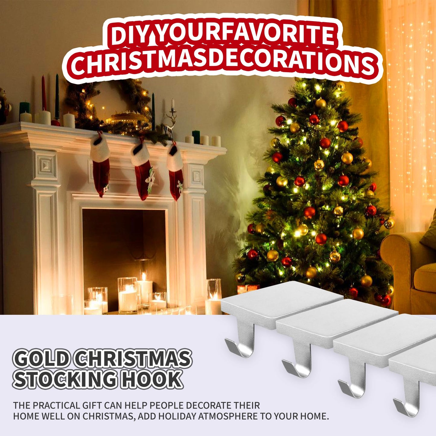 Anrgterg 4 Pcs Christmas Stocking Holders, Mantel Stocking Hangers Metal Hanging Hooks with Protective Pads for Xmas Holiday Counter Window Home Table Silver