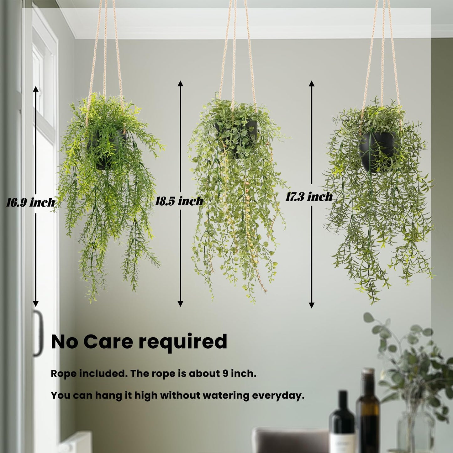 PENGYEE 3 Packs Fake Hanging Plants with Black Pots, 18.5" Artificial Hanging Plants for Wall Decor, Fake Plants Mandala Vine Indoor/Outdoor for Home Bathroom Bedroom Kitchen Office Room Decor